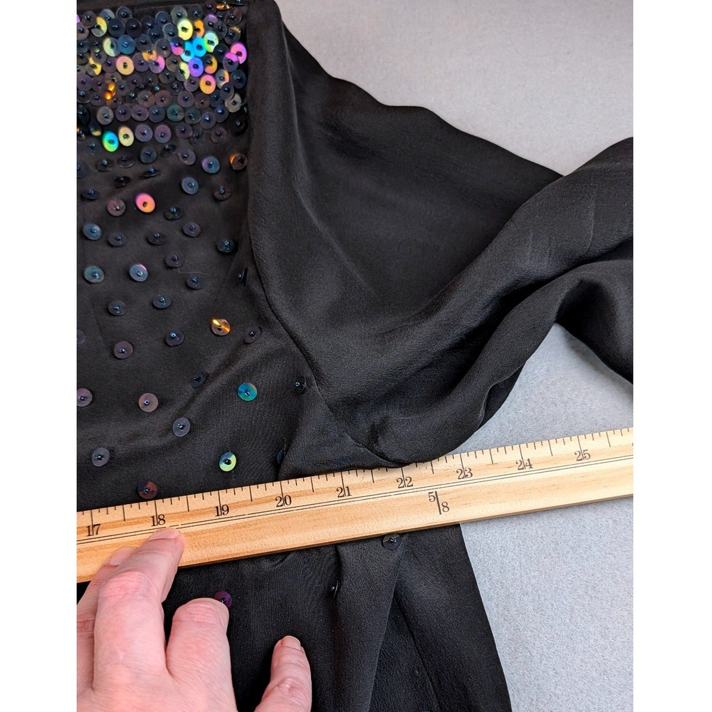 Diane Gilman Silk Sequin Blouse Black Iridescent Button Down Long Sleeve Large - Picture 6 of 8